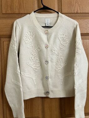 Joie Floral Appliqué Embroidered Button Down Cardigan Sz M